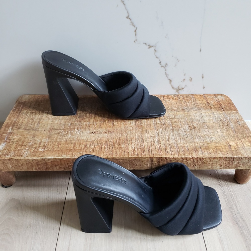 Open Edit Heels Womens 6 Black Edsheena Sandal Padded Block Mules 90s Style